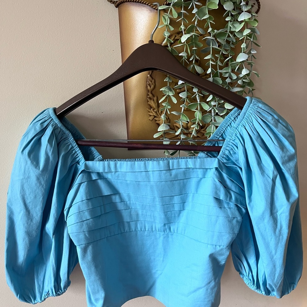 Abercrombie & Fitch Turquoise Puff-Sleeve Square Neck Crop Top